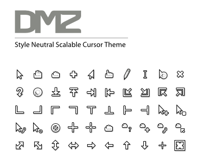 En översiktsbild som visar alla typer av muspekare som finns i temat DMZ.